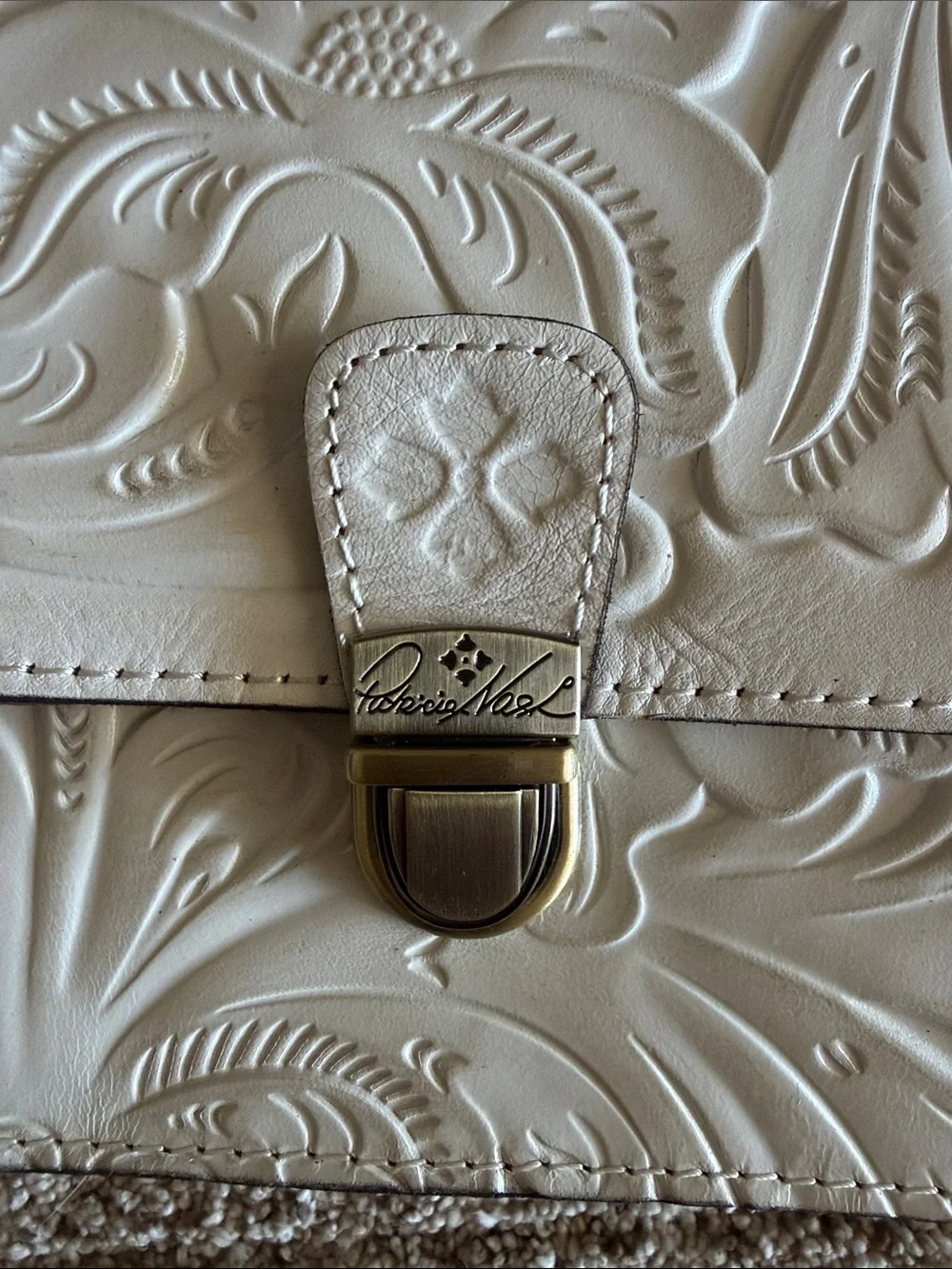 Patricia Nash Embossed Cream Leather Crossbody with Detachable Strap